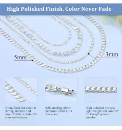 Solid 925 Sterlings Silver 3mm 5mm Flat Curb Cuban Link Chain/Figaro Chain Necklace, Hip Hop Jewelry for Men Women 14"/18"/20...