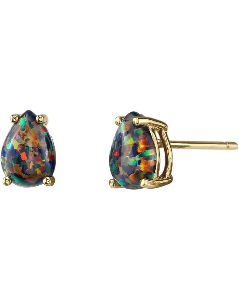 14K Yellow Gold Created Black Fire Opal Earrings for Women, Hypoallergenic Solitaire Studs, 7x5mm Pear Shape, 1 Carat total, ...