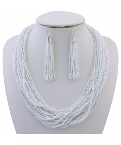 Multi Layer Beaded Statement Necklace Set Mix Strand Necklace and earrings for Women Gift White $14.03 Necklaces