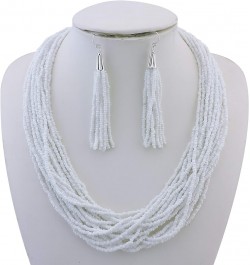 Multi Layer Beaded Statement Necklace Set Mix Strand Necklace and earrings for Women Gift White $14.03 Necklaces