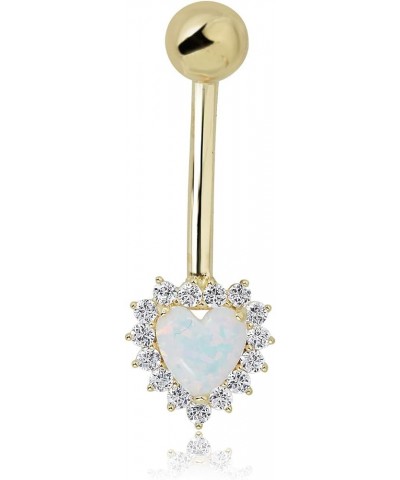 10K Gold Created Opal Heart Halo with Simulated Diamond CZ Halo Dangle Belly Button Ring Body Jewelry (14 Gauge) Yellow Gold ...