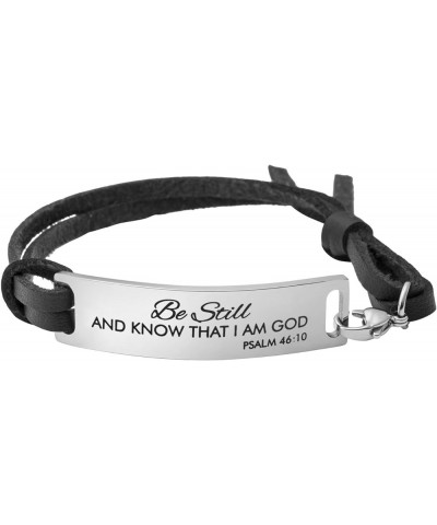 Inspirational Leather Bracelet for Women Christian Engraved Bibler Verse Silver Jewelry Be still and know that I am God, Psal...