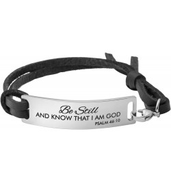 Inspirational Leather Bracelet for Women Christian Engraved Bibler Verse Silver Jewelry Be still and know that I am God, Psal...