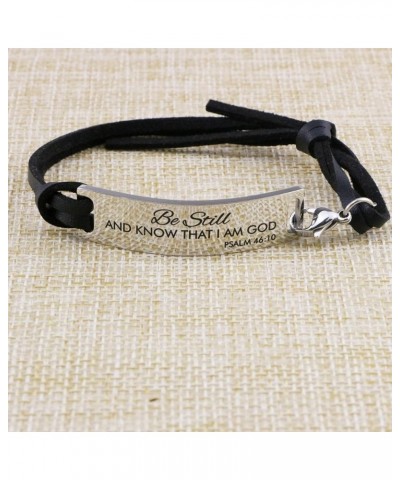 Inspirational Leather Bracelet for Women Christian Engraved Bibler Verse Silver Jewelry Be still and know that I am God, Psal...