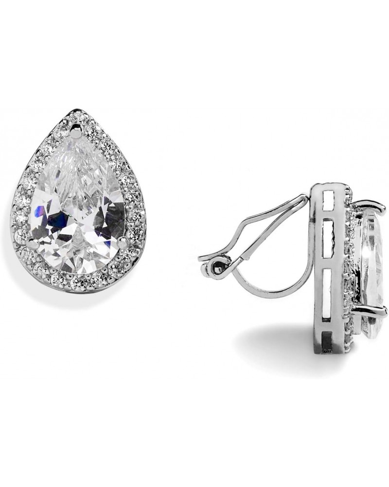 Cubic Zirconia Crystal Wedding Clip On Stud Earrings for Women, 3 Carat Pear CZ, Platinum Plated $11.00 Earrings