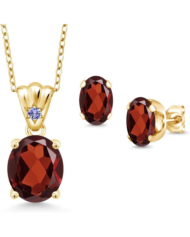 18K Yellow Gold Plated Silver Red Garnet and Blue Tanzanite Pendant and Earrings Jewelry Set For Women (6.69 Cttw, Gemstone B...