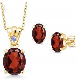 18K Yellow Gold Plated Silver Red Garnet and Blue Tanzanite Pendant and Earrings Jewelry Set For Women (6.69 Cttw, Gemstone B...