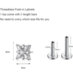 1pcs 16G G23 Titanium Threadless Labret Studs Push-in Sparkly CZ Labret Lip Cluster Tragus Helix Conch Lobe Rook Cartilage Pu...