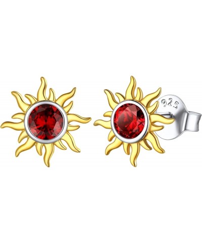 925 Sterling Silver Dainty Small Round Birthstone Sun Stud Earrings for Women Teen Girls (with Gift Box) 01. January - Garnet...