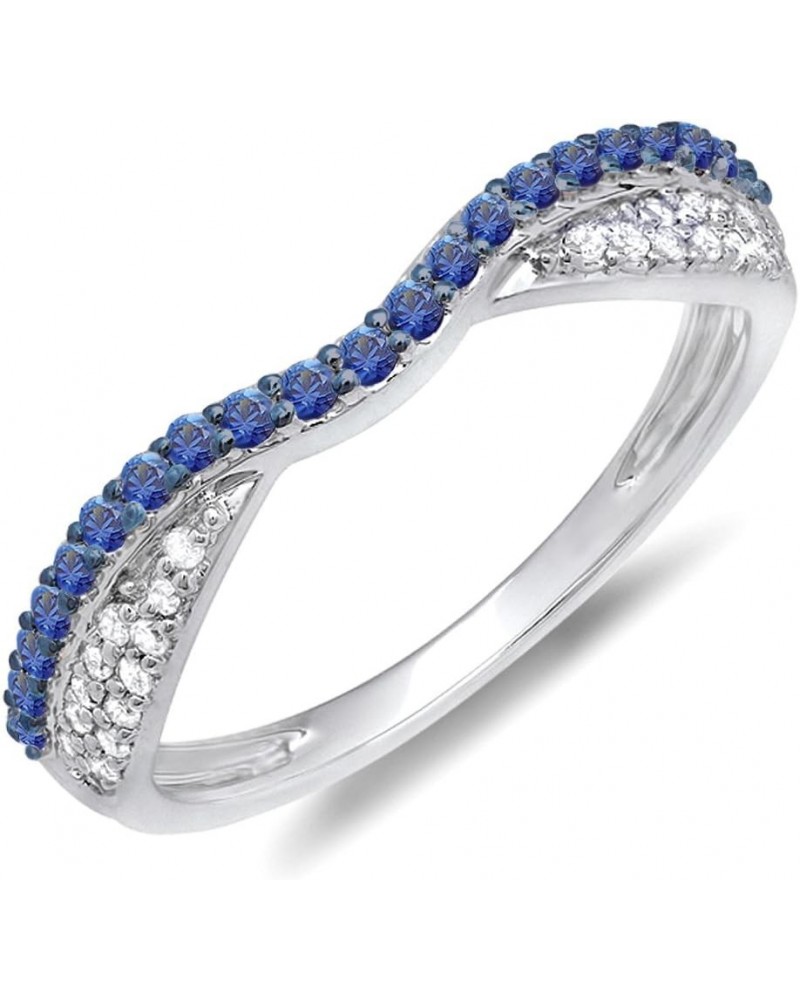 14K Gold Round Blue Sapphire & White Diamond Ladies Wedding Band Stackable Ring White Gold $141.14 Bracelets