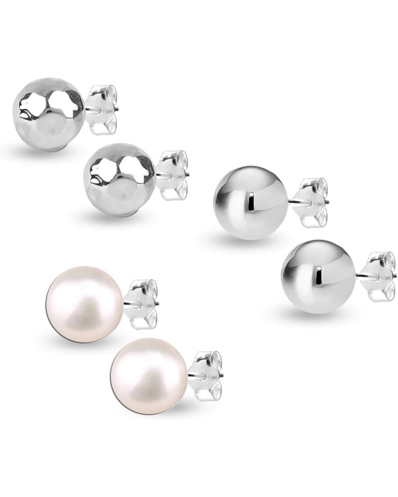 Set of 3 Pairs 925 Sterling Silver Lightweight Ball-Post Stud Earrings for Women Teen 8mm-Silver-Pearl $16.19 Earrings