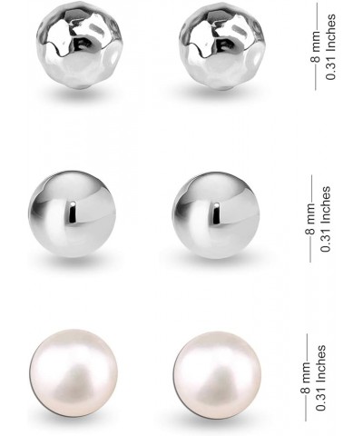 Set of 3 Pairs 925 Sterling Silver Lightweight Ball-Post Stud Earrings for Women Teen 8mm-Silver-Pearl $16.19 Earrings