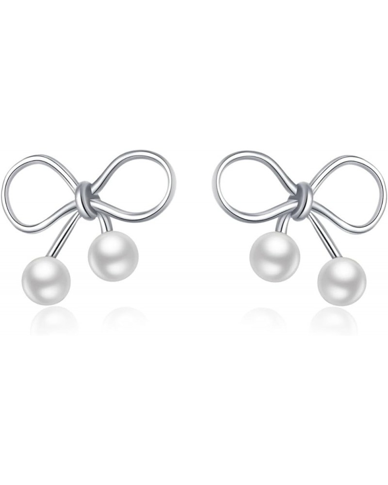 Sterling Silver Bow Studs Earrings for Women Teen Girls Bowknot Pearls Studs Earrings A-Silver $10.43 Earrings