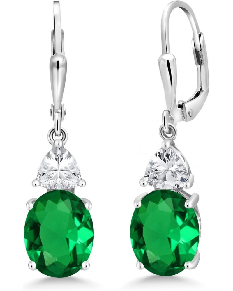 925 Sterling Silver Green Nano Emerald and White Zirconia Dangle Earrings For Women (4.40 Cttw, Gemstone May Birthstone, Oval...