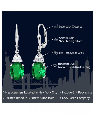 925 Sterling Silver Green Nano Emerald and White Zirconia Dangle Earrings For Women (4.40 Cttw, Gemstone May Birthstone, Oval...