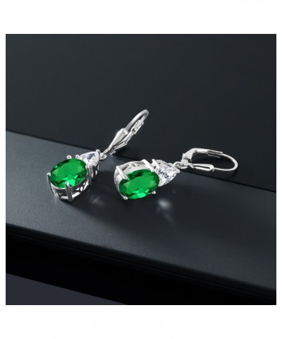 925 Sterling Silver Green Nano Emerald and White Zirconia Dangle Earrings For Women (4.40 Cttw, Gemstone May Birthstone, Oval...