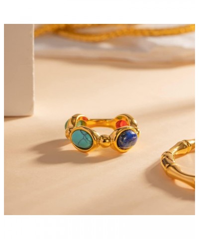 Gold Plated Four Color Natural Precious Stone Ring with Blue Lapis Lazuli, Red Agate, Green Jade, and Turquoise $9.64 Others