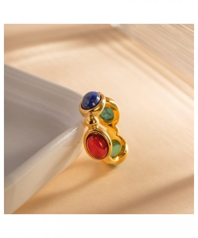 Gold Plated Four Color Natural Precious Stone Ring with Blue Lapis Lazuli, Red Agate, Green Jade, and Turquoise $9.64 Others