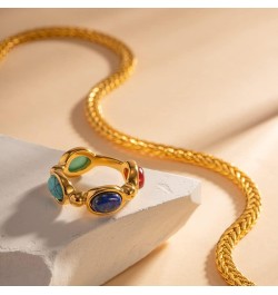 Gold Plated Four Color Natural Precious Stone Ring with Blue Lapis Lazuli, Red Agate, Green Jade, and Turquoise $9.64 Others