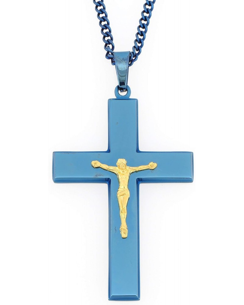 Stainless Steel Blue/Gold Two-Tone IP-Plated Cross with Jesus Crucifix Religious Pendant, 24" Chain $11.33 Necklaces