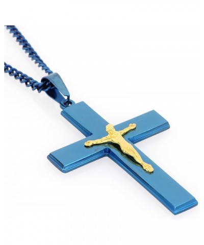 Stainless Steel Blue/Gold Two-Tone IP-Plated Cross with Jesus Crucifix Religious Pendant, 24" Chain $11.33 Necklaces