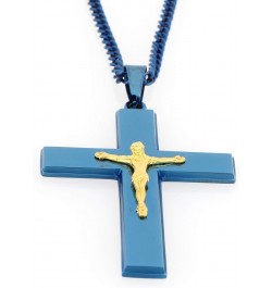 Stainless Steel Blue/Gold Two-Tone IP-Plated Cross with Jesus Crucifix Religious Pendant, 24" Chain $11.33 Necklaces