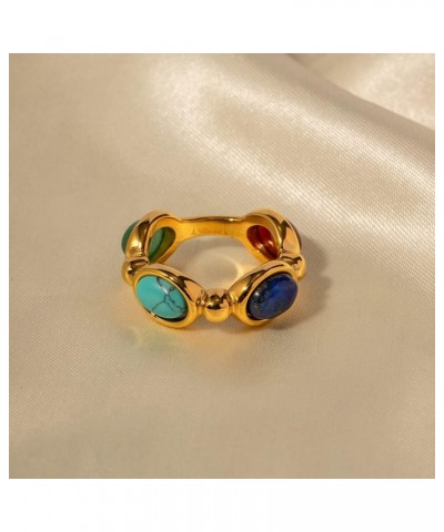 Gold Plated Four Color Natural Precious Stone Ring with Blue Lapis Lazuli, Red Agate, Green Jade, and Turquoise $9.64 Others