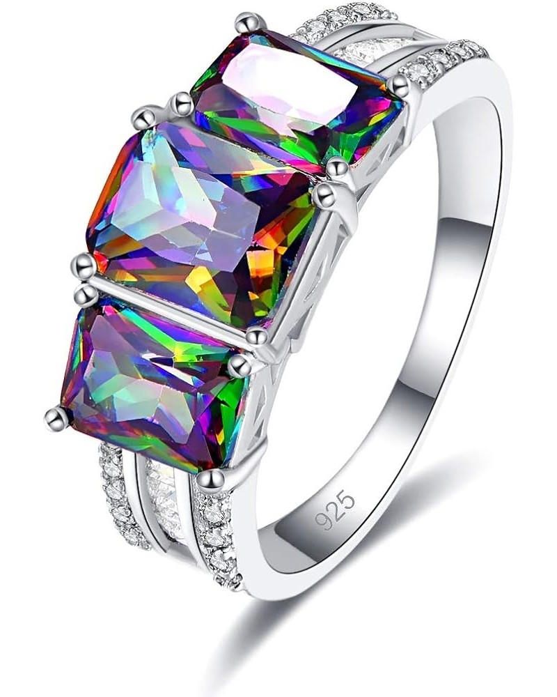 Silver Plated 3-Stone Emerald Cut Created Rainbow Topaz Blue Sapphire Cubic Zirconia Filled Halo Wedding Engagement Band Eleg...