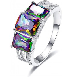 Silver Plated 3-Stone Emerald Cut Created Rainbow Topaz Blue Sapphire Cubic Zirconia Filled Halo Wedding Engagement Band Eleg...