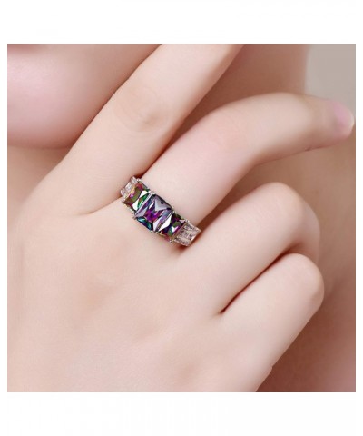 Silver Plated 3-Stone Emerald Cut Created Rainbow Topaz Blue Sapphire Cubic Zirconia Filled Halo Wedding Engagement Band Eleg...