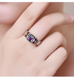 Silver Plated 3-Stone Emerald Cut Created Rainbow Topaz Blue Sapphire Cubic Zirconia Filled Halo Wedding Engagement Band Eleg...