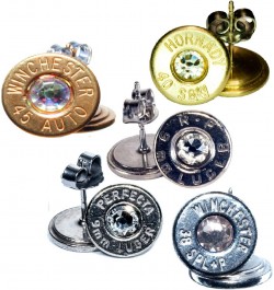 5 Pairs Randomly Chosen Rifle and Pistol Bullet Stud Earrings- Gold or Palladium Plated with Colored Crystals & Primers in Pl...