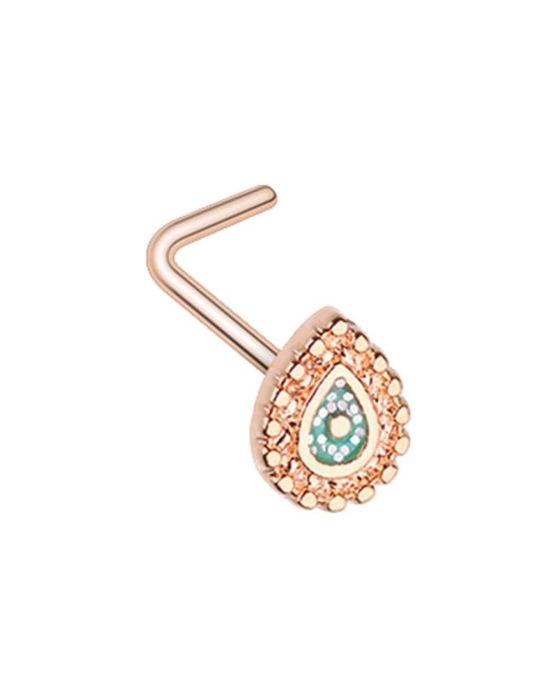 Sparkling Ornate Teardrop L-Shaped Nose Stud Ring 20 GA, 9/32", Rose Gold $9.51 Body Jewelry