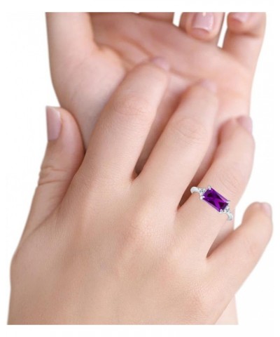 Emerald Cut Sideways Fashion Ring Dainty Band Round Simulated Cubic Zirconia 925 Sterling Silver Simulated Amethyst CZ $14.78...