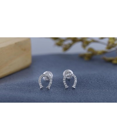 Round White Diamond Horse Shoe Stud Earrings for Her (0.10 ctw, Color I-J, Clarity I1-I3) in Gold 18K - Metal Stamp Push Back...