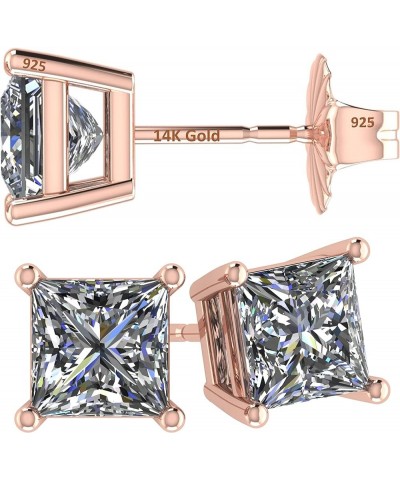 14K Gold Posts & Sterling Silver Princess Cut CZ Stud Earrings w/Pure Brilliance Zirconia, 1.50-4.00ctw 14k gold post & sterl...