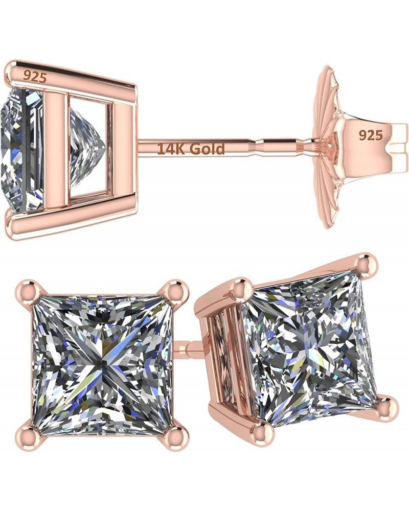 14K Gold Posts & Sterling Silver Princess Cut CZ Stud Earrings w/Pure Brilliance Zirconia, 1.50-4.00ctw 14k gold post & sterl...