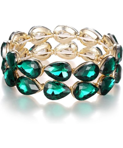 Wedding Bridal Elegant Crystal Double Row Teardrop Cluster Stretch Bangle Bracelet for Bride Emerald Color Gold-Tone $11.75 B...