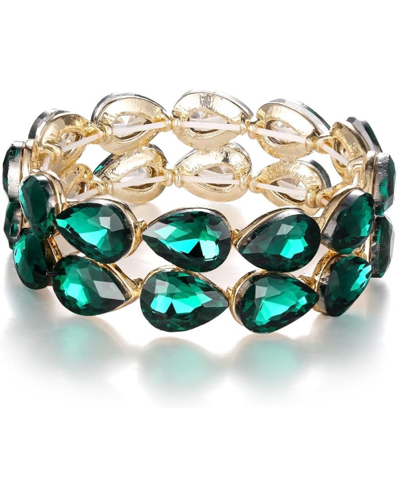 Wedding Bridal Elegant Crystal Double Row Teardrop Cluster Stretch Bangle Bracelet for Bride Emerald Color Gold-Tone $11.75 B...