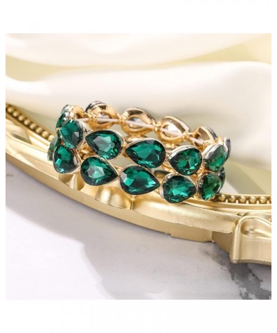 Wedding Bridal Elegant Crystal Double Row Teardrop Cluster Stretch Bangle Bracelet for Bride Emerald Color Gold-Tone $11.75 B...