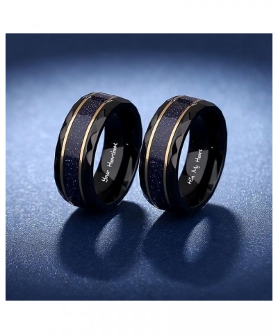 Engraved Blue Sandstone Promise Rings Set for Couples - Hexagon-Cut Matching Black Engagement Bands - His and Her Custom Ring...