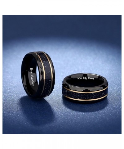 Engraved Blue Sandstone Promise Rings Set for Couples - Hexagon-Cut Matching Black Engagement Bands - His and Her Custom Ring...