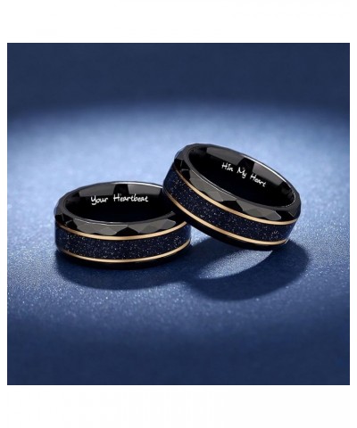 Engraved Blue Sandstone Promise Rings Set for Couples - Hexagon-Cut Matching Black Engagement Bands - His and Her Custom Ring...