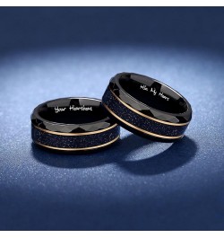 Engraved Blue Sandstone Promise Rings Set for Couples - Hexagon-Cut Matching Black Engagement Bands - His and Her Custom Ring...