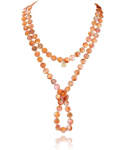 Flat Round Coin Shell Beads Long Knotted Necklace Natural Mother of Pearl Handmade Jewelry For Women S-Orange $9.24 Necklaces