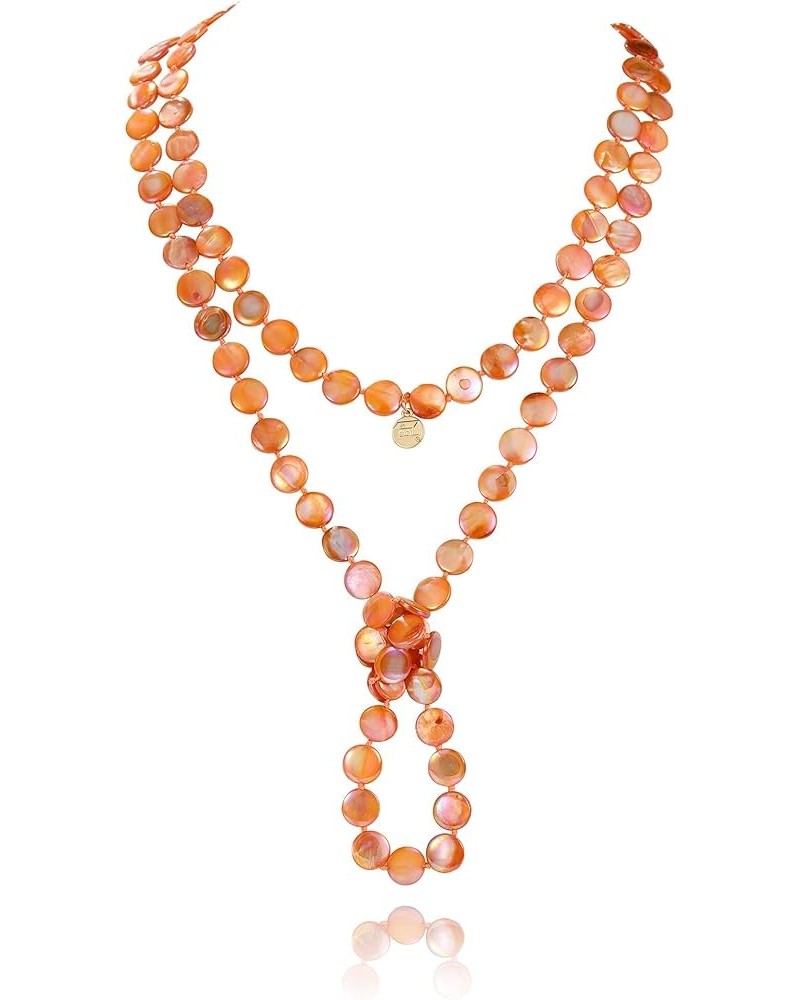 Flat Round Coin Shell Beads Long Knotted Necklace Natural Mother of Pearl Handmade Jewelry For Women S-Orange $9.24 Necklaces