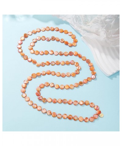 Flat Round Coin Shell Beads Long Knotted Necklace Natural Mother of Pearl Handmade Jewelry For Women S-Orange $9.24 Necklaces