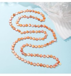 Flat Round Coin Shell Beads Long Knotted Necklace Natural Mother of Pearl Handmade Jewelry For Women S-Orange $9.24 Necklaces