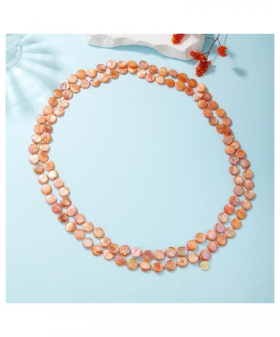 Flat Round Coin Shell Beads Long Knotted Necklace Natural Mother of Pearl Handmade Jewelry For Women S-Orange $9.24 Necklaces