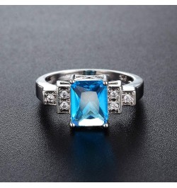 Silver Plated Emerald Cut Created Rainbow Topaz Blue Sapphire CZ Cubic Zirconia Filled Halo Wedding Engagement Band Elegant W...